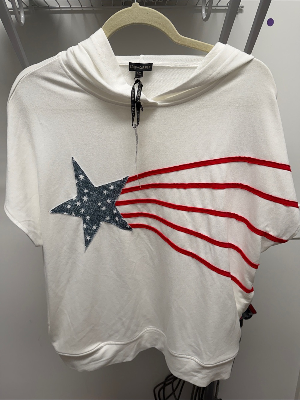 Coco + Carmen White Short Sleeve Hoodie with Blue Star and Red Stripes